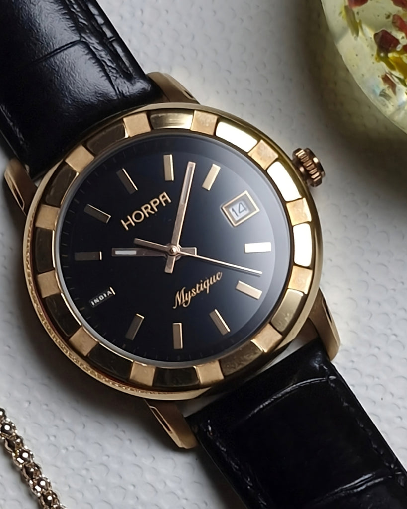 Horpa Watch Mystique Imperial - women's rose gold plated black dial dress watch with black leather strap