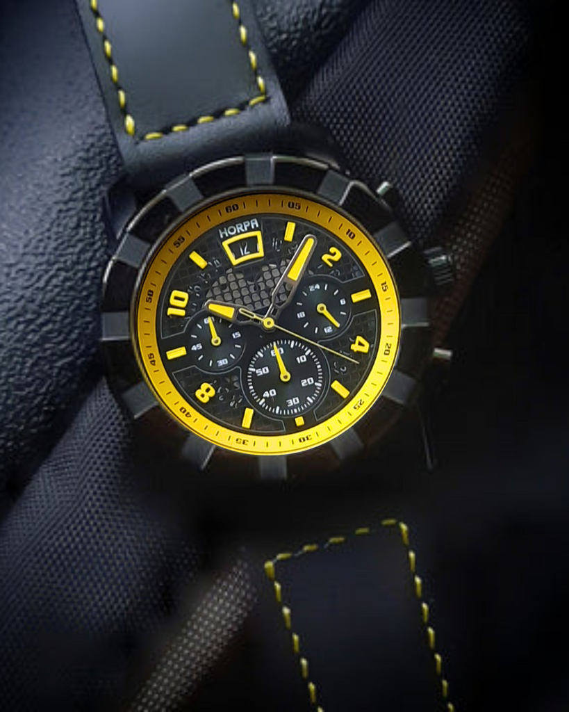 Horpa C1 Bumblebee, gents yellow and black sporty timepiece with leather strap