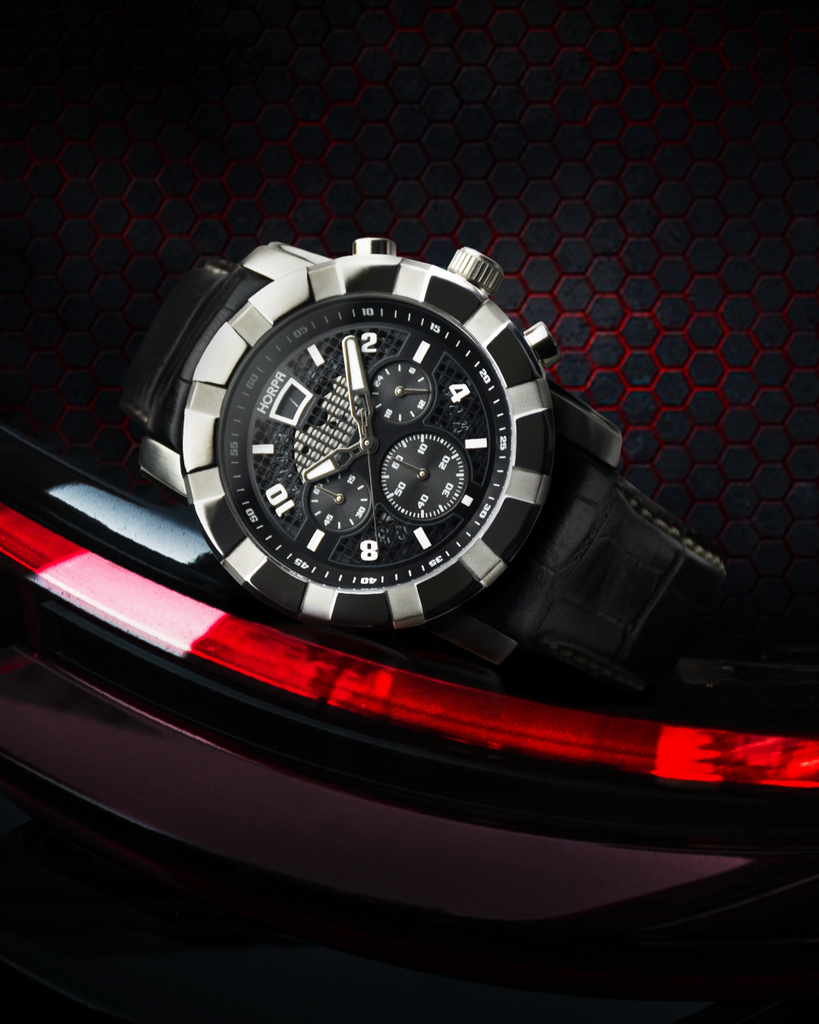 Men's stainless steel black dial chrono watch with black leather strap